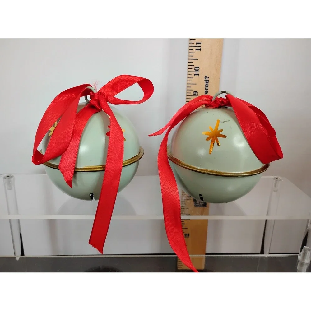 Set of 2 Mint Green Metal Jingle Bell Ornaments with Red Ribbon and Gold Stars
